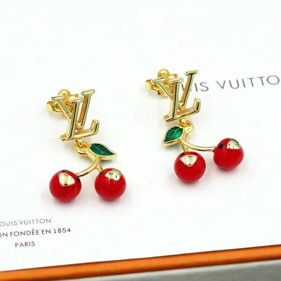 Louis Vuitton Gold Earrings with Red Cherries - Picture 7 of 9